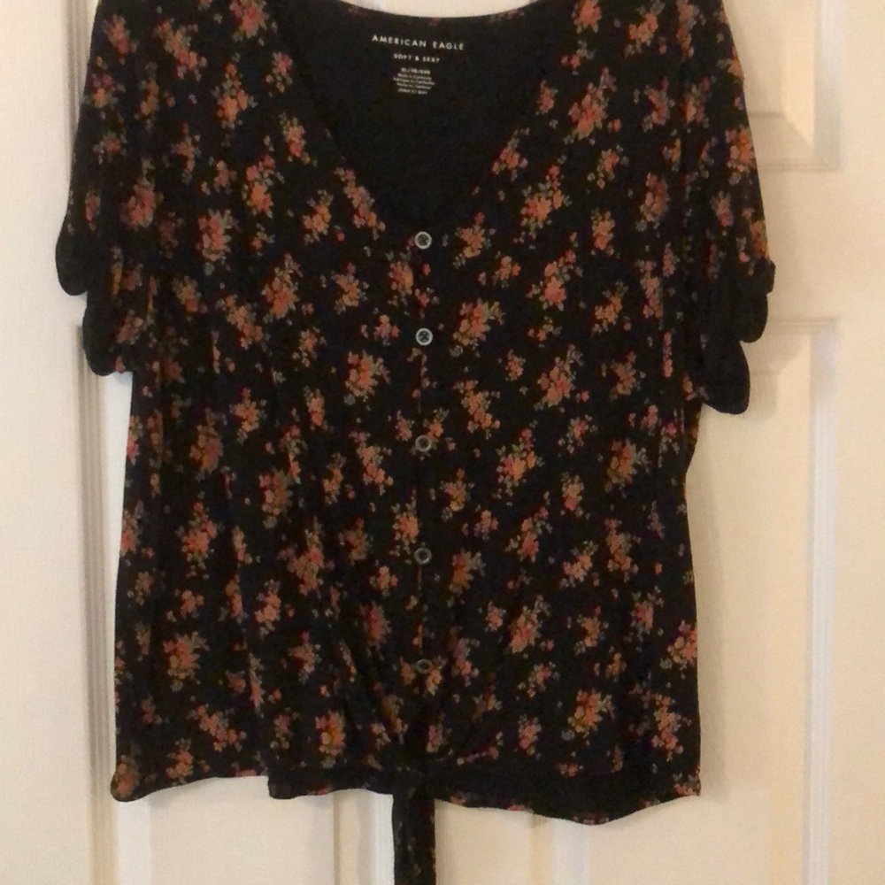 Black floral soft and sexy button front tie top